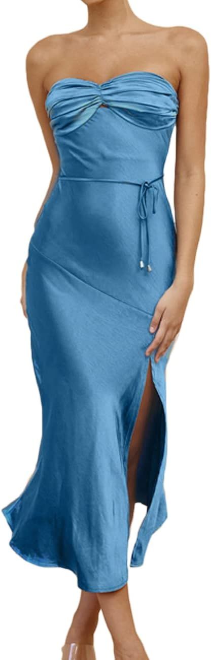 VUBIYA 2023 Summer Satin Tube Tops Slit Wedding Guest Dress for Women Elegant Sexy Strapless Halt... | Amazon (US)