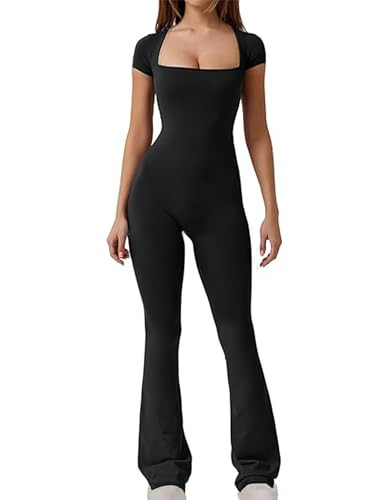 Yeshape Summer Plus Size Flare Bodysuit Jumpsuit One Piece Workout Flare Leg Bodycon Sexy Full Length Onesie (Black Short Sleeve XL) | Amazon (US)