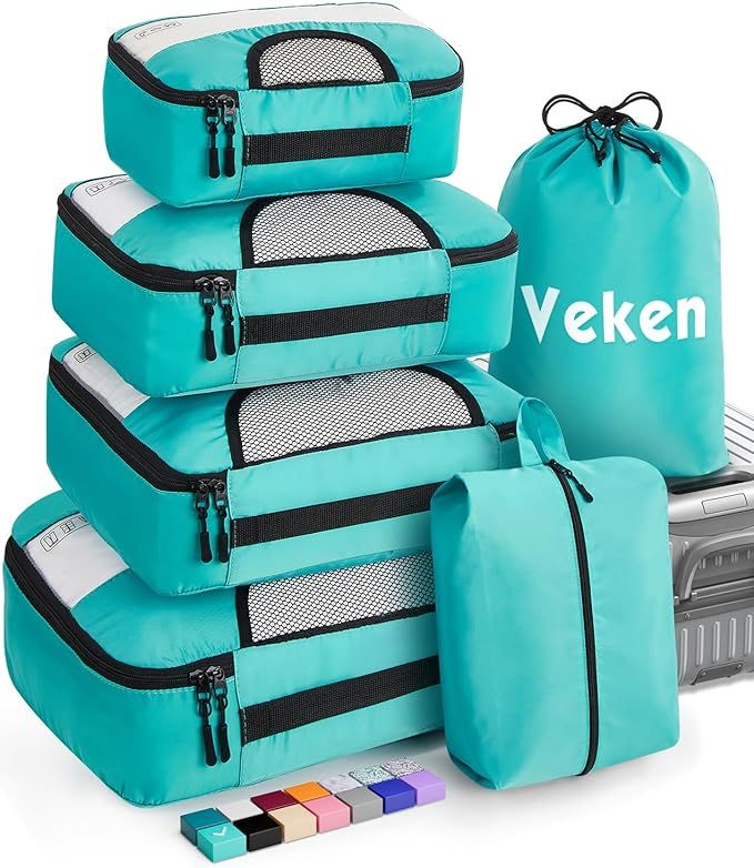 Veken 6 Set Packing Cubes, Travel Organizers with Laundry Bag & Shoe Bag (Teal) | Amazon (US)
