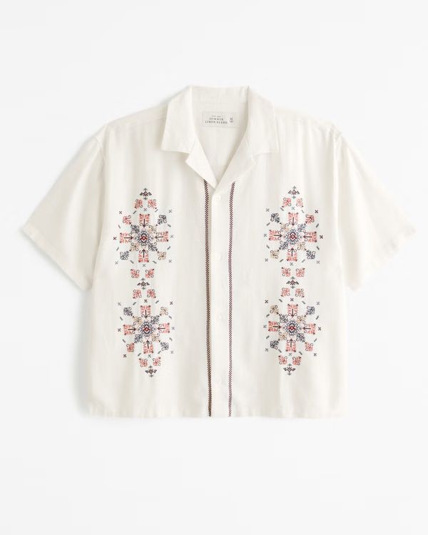 Men's Camp Collar Cropped Summer Linen-Blend Embroidered Shirt | Men's Clearance | Abercrombie.co... | Abercrombie & Fitch (US)