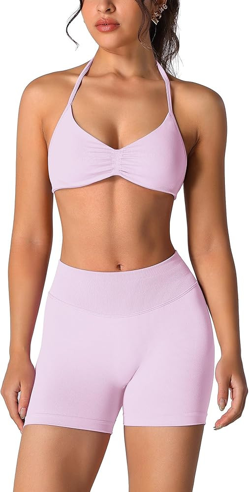 ABOCIW Womens Seamless Workout Sets 2 Piece Strappy Halter Sports Bra Scrunch Butt Shorts Gym Yog... | Amazon (US)