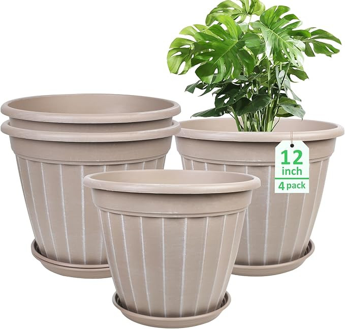 FGstyle 12 Inch Pots for Plants,4 Pack Tall Planters,Large Flower Pots with Drainage Hole & Sauce... | Amazon (US)