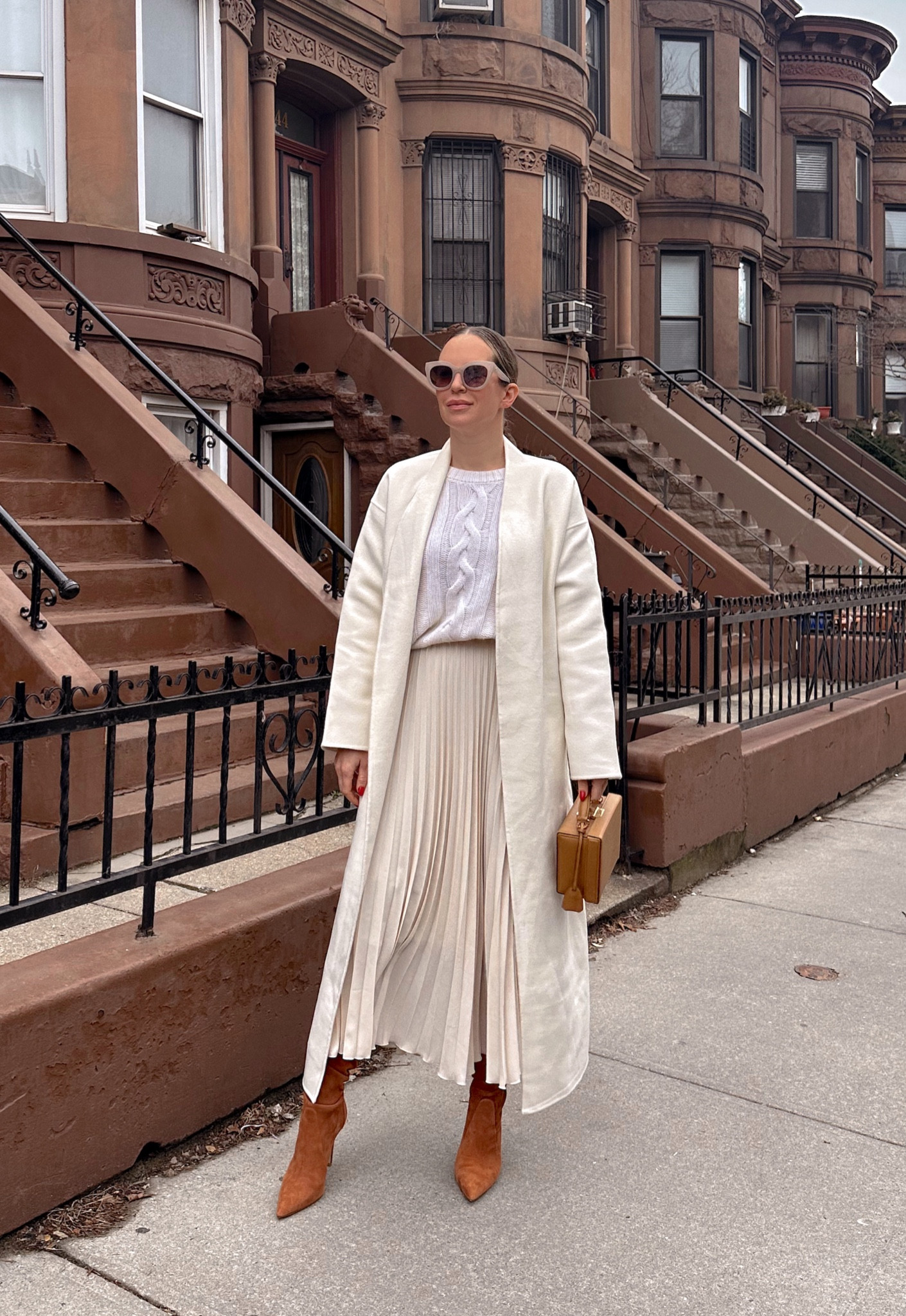 Sizing: coat in a small (runs a little oversized). Skirt in a medium. Sweater is a similar one to the one I am wearing. Paired this entire outfit with my favorite perfume. #Saks #SaksPartner

#LTKSeasonal