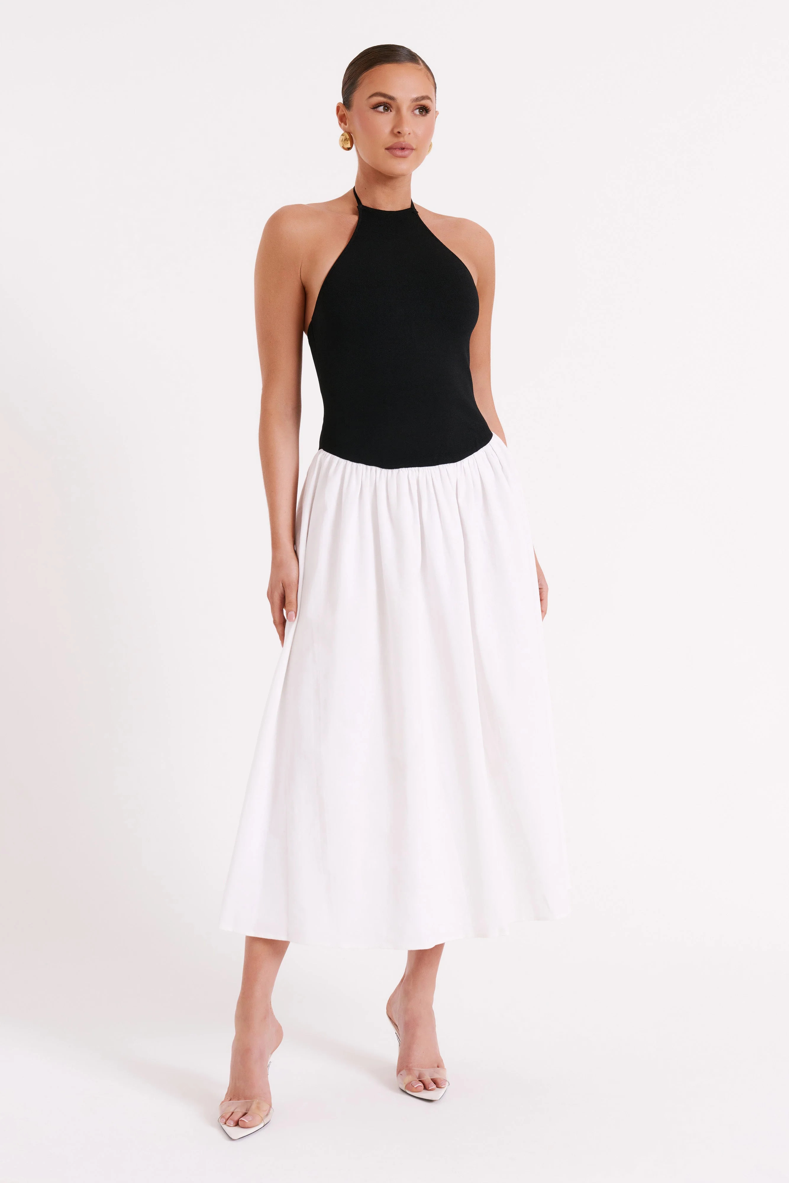 Katie Knit And Linen Midi Dress - Black/White | MESHKI US