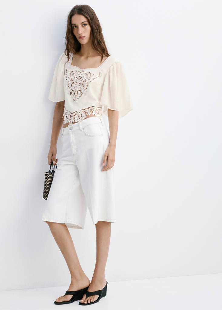 Cropped blouse with openwork embroidery off white - Women - 4 - MANGO | Mango (US/MX/AU)