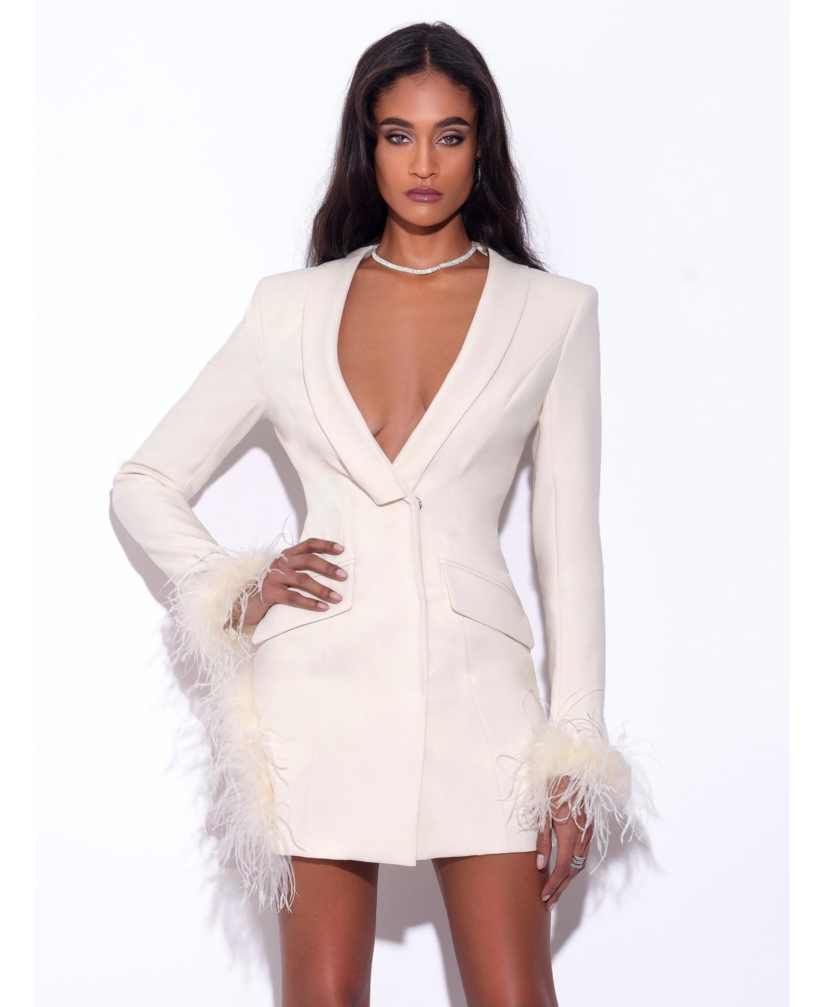 Miss Circle Women Madeline Pearl White Feather Trim Blazer Dress - White | Macy's