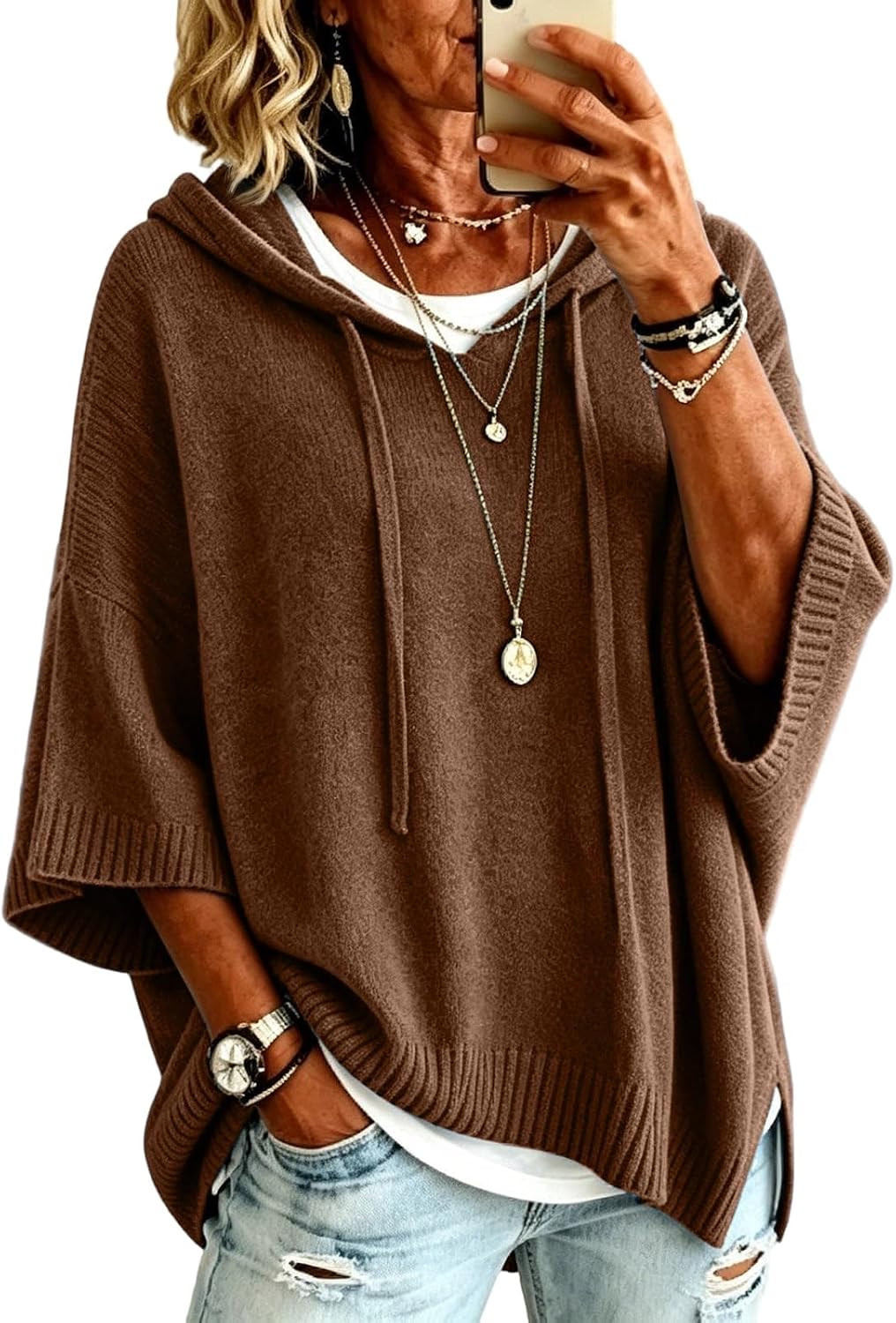 Pinclodly Hooded Sweater for Women Loose 3/4 Batwing Sleeve Knitted Top | Amazon (US)