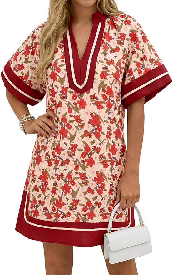 Wenrine Womens Summer Puff Sleeve Casual V Neck Mini Boho Floral Dresses | Color Block, Side Slit... | Amazon (US)