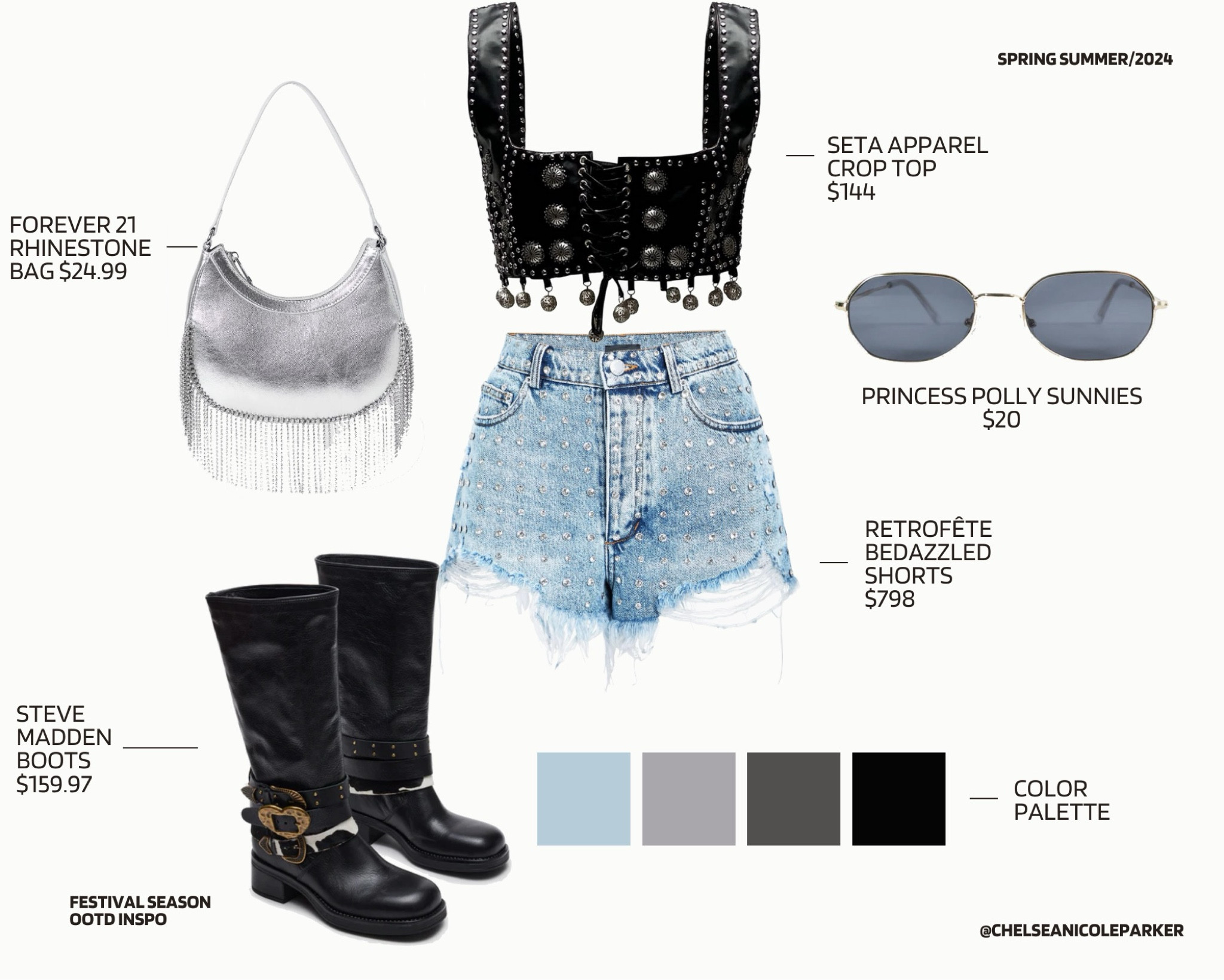 Amazon Seta Apparel Black Leather Crop Top + Retrofete Bedazzled Jeans Denim Shorts + Steve Madden Cow Hide Heart Buckle Motorcycle Combat Boots + Forever 21 Silver Rhinestone Fringe Tassel Bag + Princess Polly 90s Sunglasses - Music Festival / Coachella / Stagecoach / Country Concert Outfit / Spring Summer OOTD Inspo

#LTKFestival #LTKfindsunder50 #LTKfindsunder100