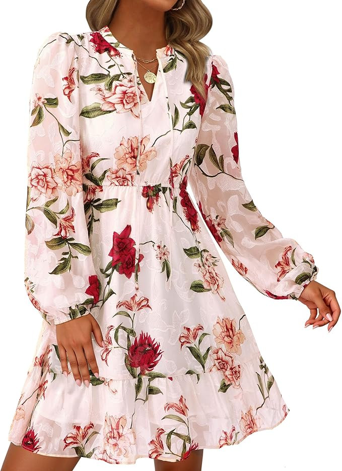 PRETTYGARDEN Women's Fall Boho Dresses 2026 Floral Long Sleeve V Neck Mini Flowy Wedding Guest Dr... | Amazon (US)