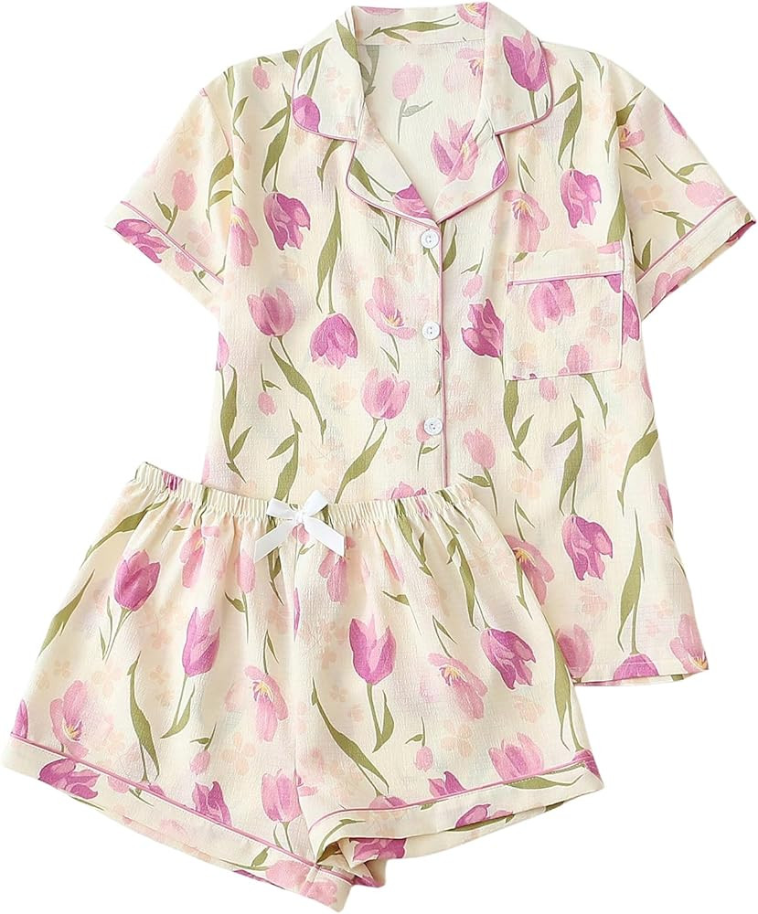 Verdusa Pajamas For Women Set 2 Piece Summer Pajama Sets Cute Pjs Lounge Matching Button Shirt wi... | Amazon (US)