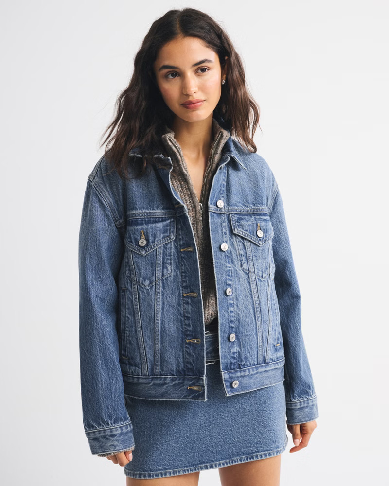 Sherpa-Lined Denim Trucker Jacket | Abercrombie & Fitch (US)