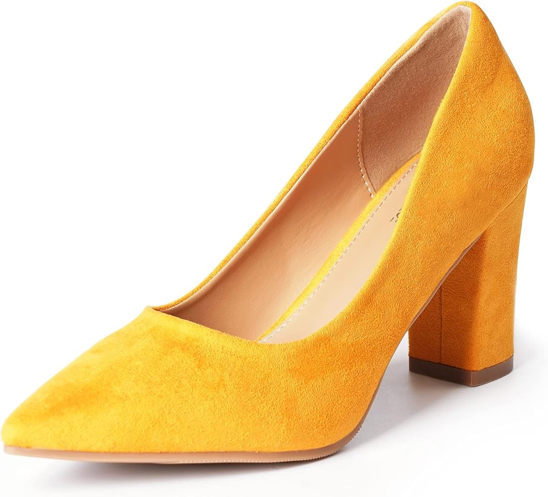 Heel The World Women's IN3 Suede Chunky-HI Block High Heels Closed Pointed Toe Pumps Dress Office... | Amazon (US)