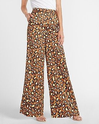 LadyGang High Waisted Leopard Satin Wide Leg Pant | Express