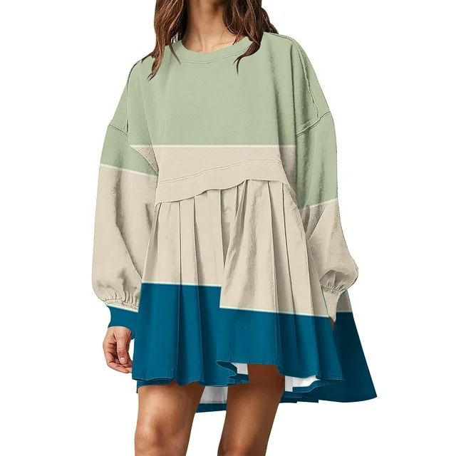 Yyeselk Oversized Sweatshirt Dresses for Women Trendy Color Block Pleated Short Dress Crewneck Bu... | Walmart (US)