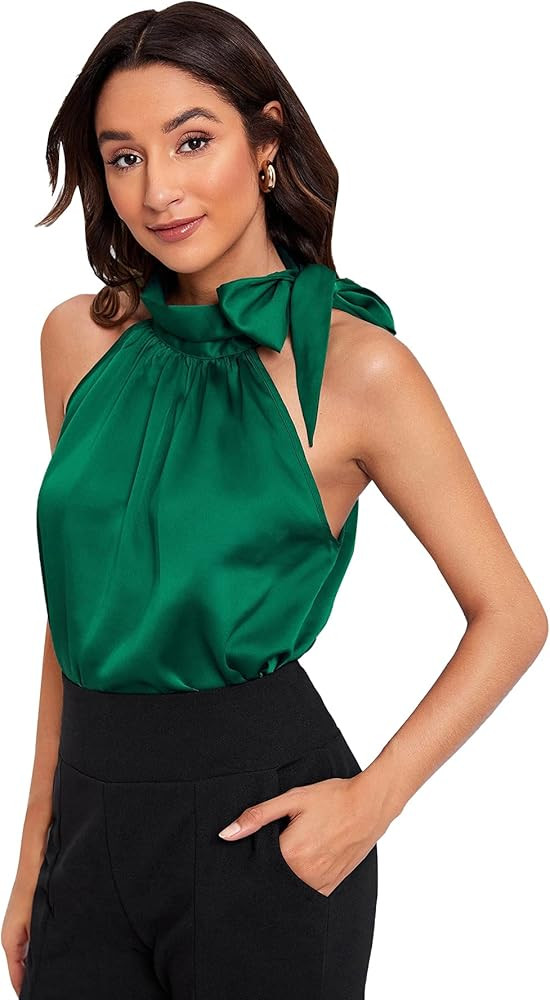 Milumia Women's Satin Blouse Sleeveless High Neck Bow Tie Halter Office Work Shirt Tops | Amazon (US)