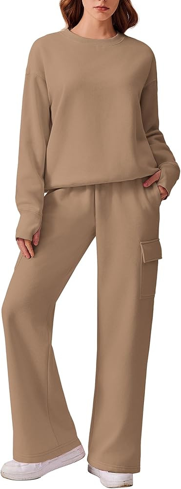 PINSPARK 2 Piece Sets for Women 2025 Fleece Sweatsuits Oversized Sweatshirts Wide Leg Cargo Sweat... | Amazon (US)