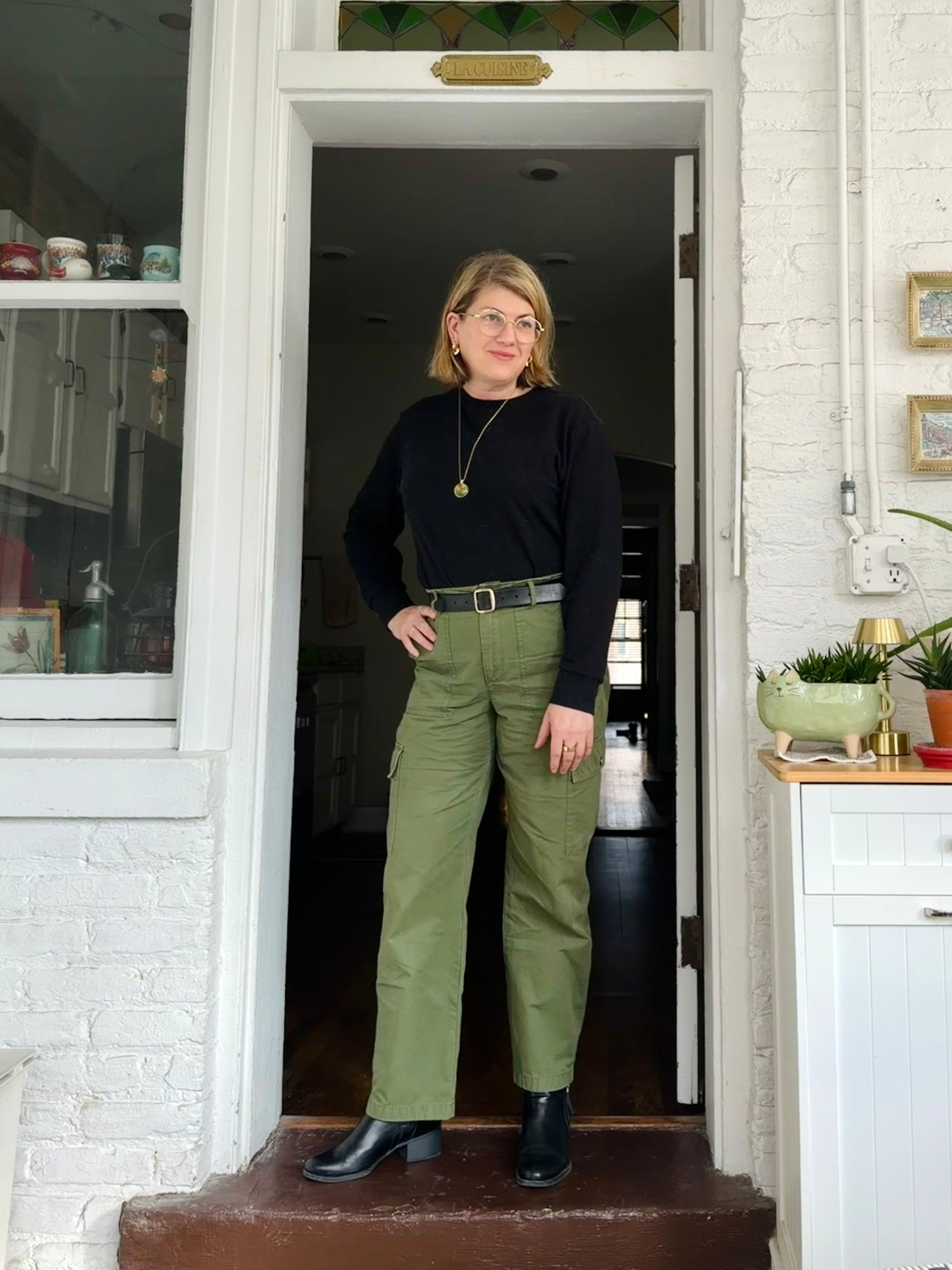 I’m doing something extra cool tonight and these pants are a strategic choice. 🤍 Unlinkables: Pants are thrifted J. Crew. Necklace is by a local artisan in Chicago. Close matches linked where possible. 

#LTKootd #LTKMidsize #LTKOver40