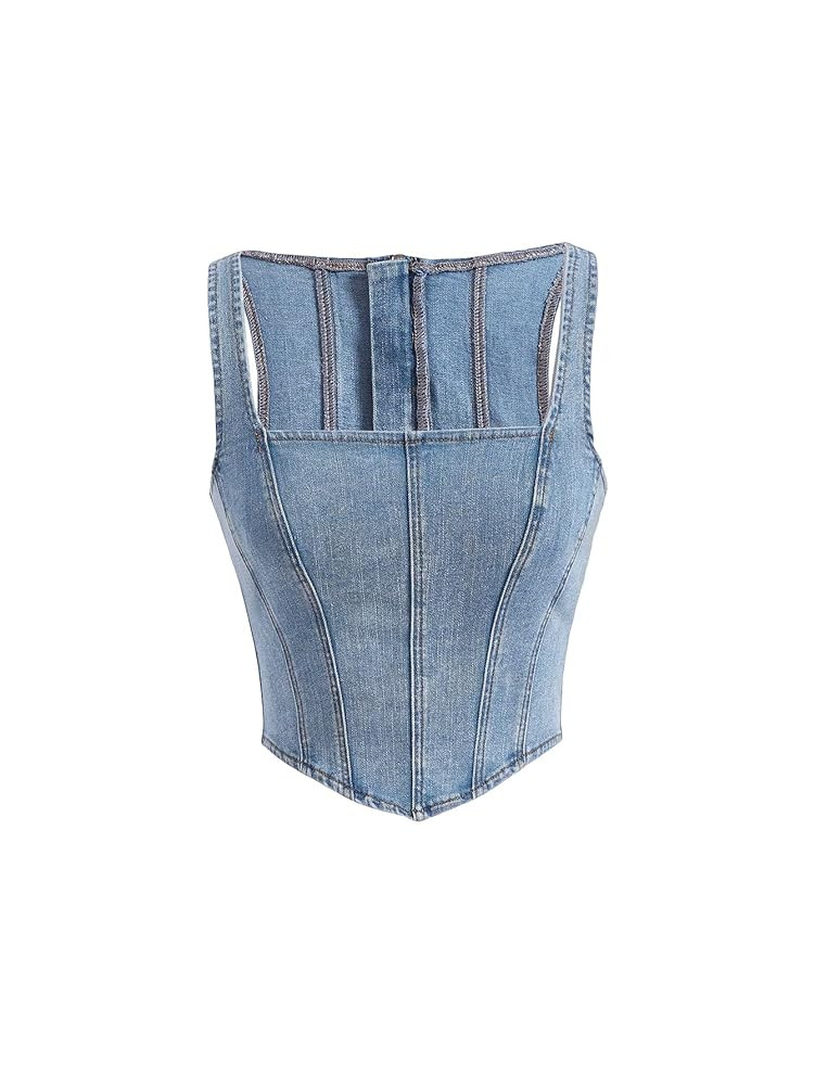WDIRARA Women's Square Neck Sleeveless Zip Back Asymmetrical Denim Tank Crop Top | Amazon (US)