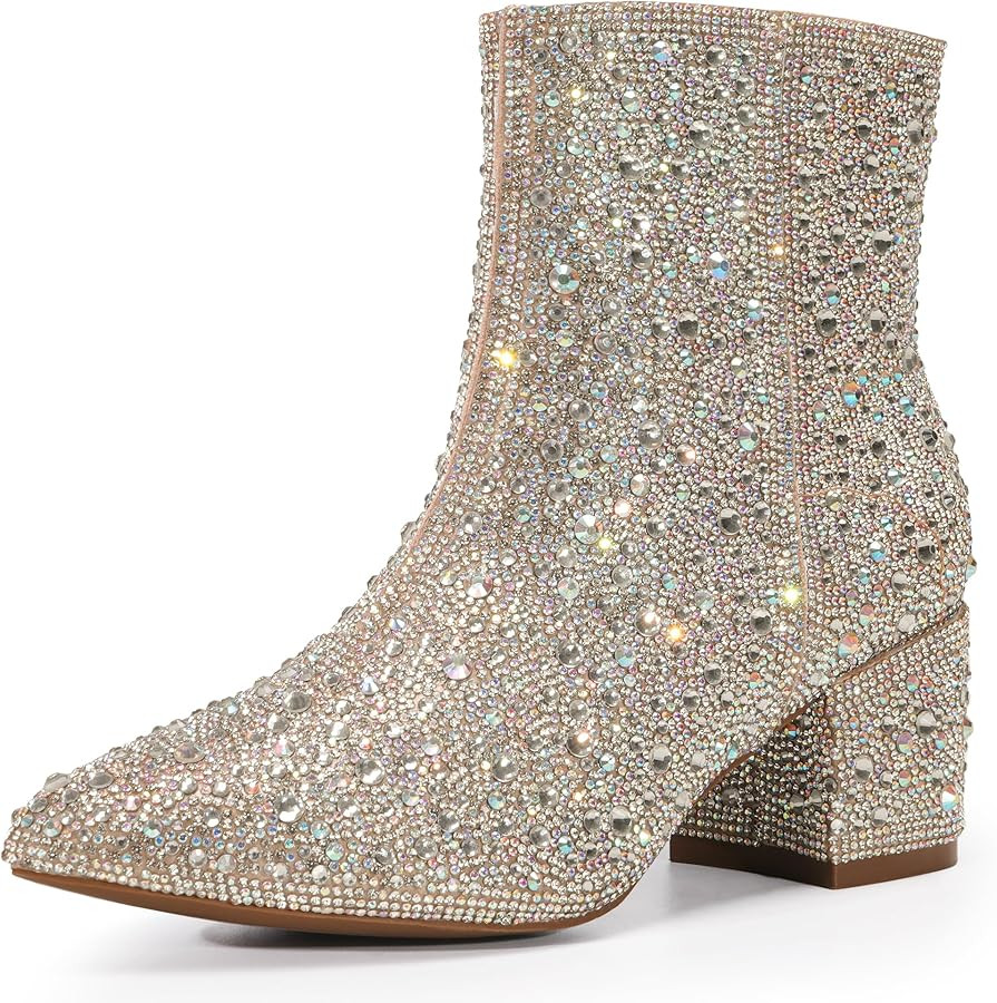 YAYONE Rhinestone Zipper Sparkling Ankle Boots - Glitter Pointed Toe Fashion Comfortable Shoes, P... | Amazon (US)