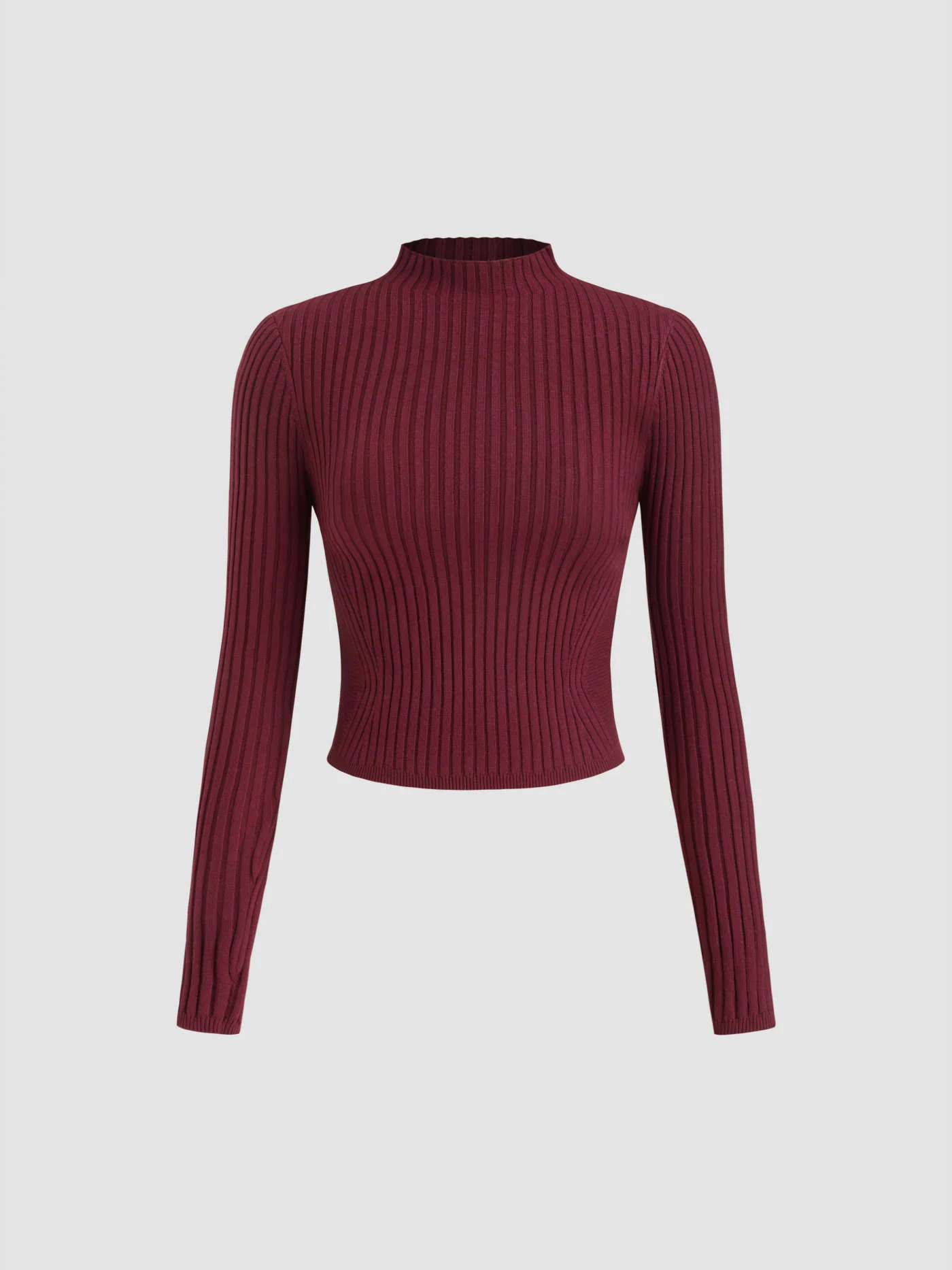 Rib Knit Stand Neck Solid Long Sleeve Top | Cider
