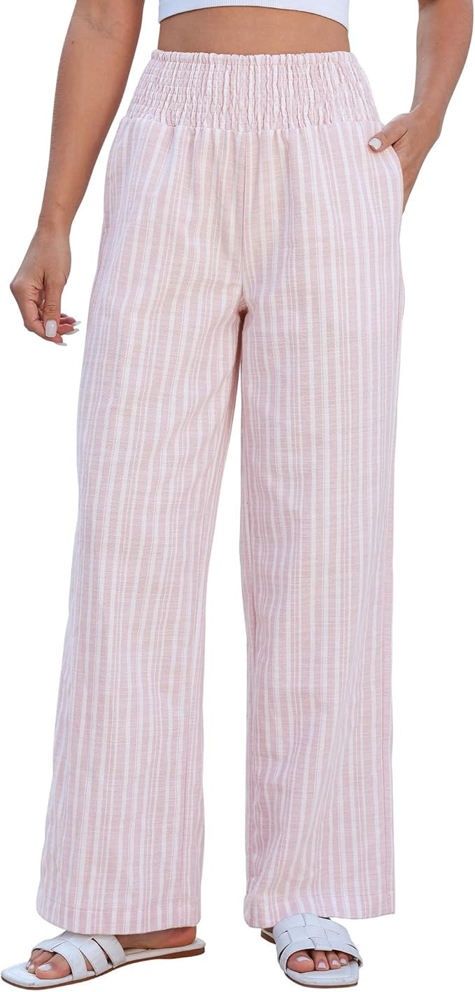 GRAPENT Linen Pants for Women Wide Leg Trendy Pull On High Rise Striped Elastic Smock Waist Beach... | Amazon (US)