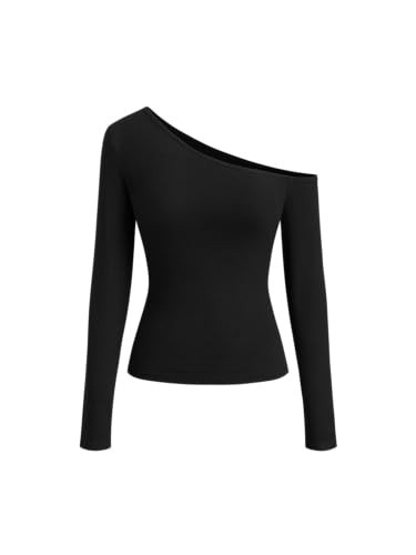 CIDER One Shoulder Long Sleeve Casual Top for Women 2025 Fall Ribbed Knit Slim Fit Pullover Shirt Black | Amazon (US)