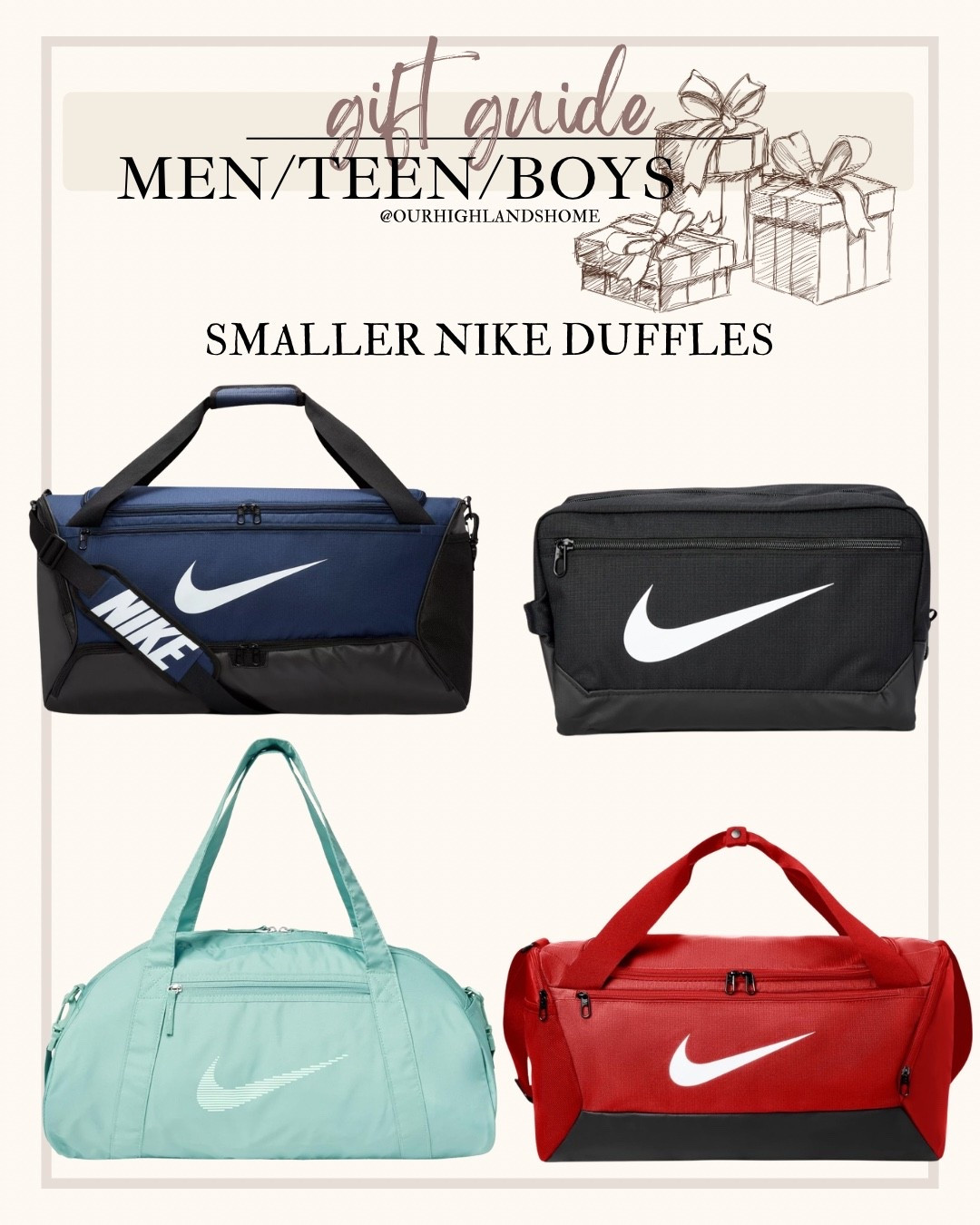 got my son the black one (comes w a strap) to carry his football shoes around next year since practice is after school. nike duffles 

#LTKGiftGuide #LTKKids #LTKHoliday