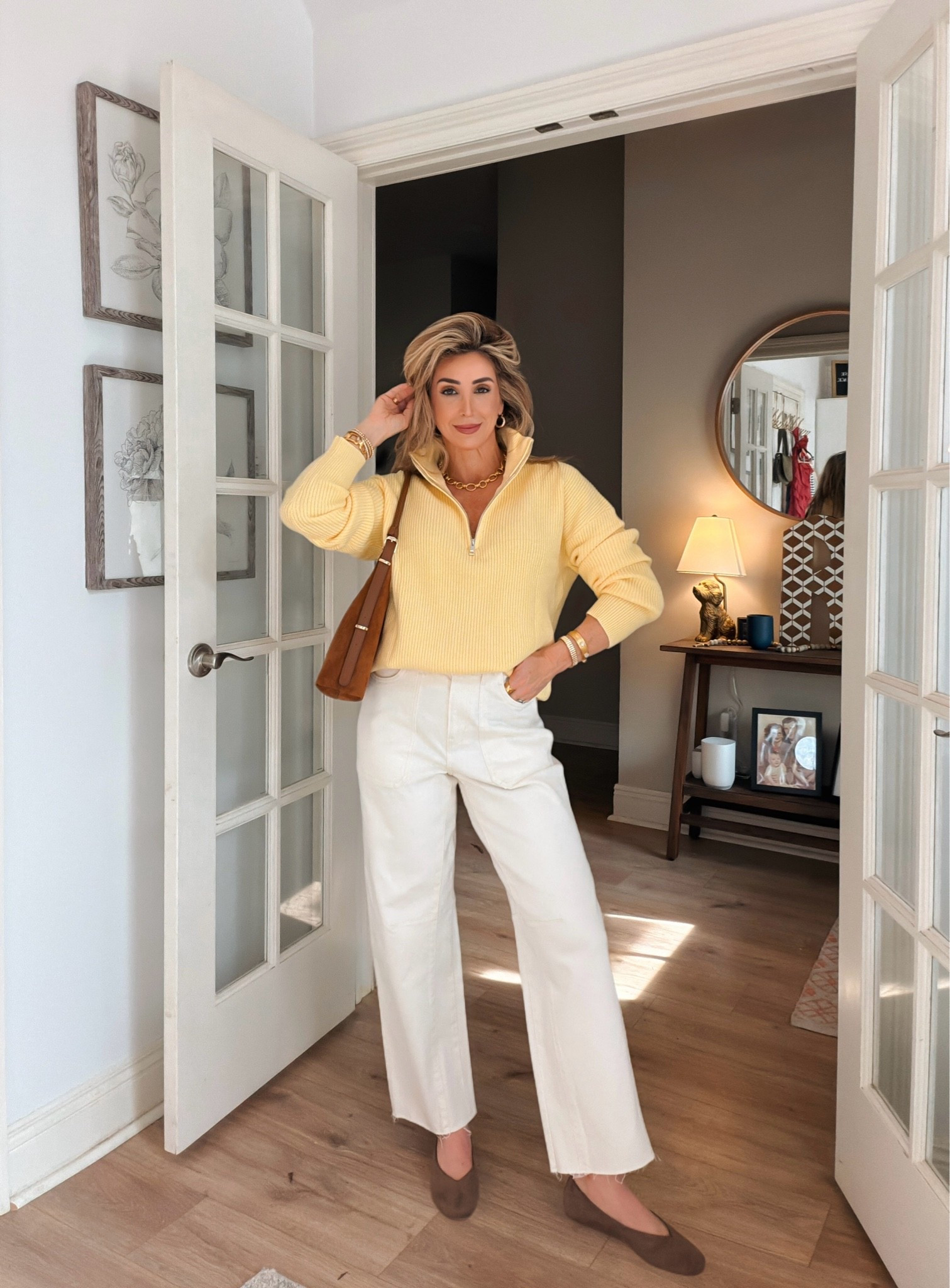 I love the idea of a soft color palette for fall sometimes. Who says you have to put away your soft butter yellow, especially when you pair them with cream/ivory and warmer accessories. This cashmere blend quarter zip sweater is fantastic. The style really opens up the neckline and elongates. 👏

Fall outfits women over 50, cream barrel leg denim jeans, ivory denim, suede ballet flats, suede shoulder bag

#LTKgrwm #LTKootd #LTKOver40