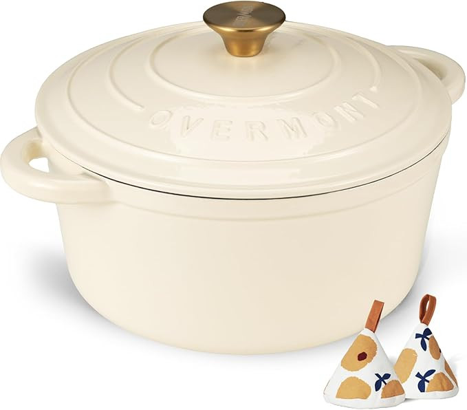 Overmont 4.2L Enamelled Cast Iron Round Casserole Pot With Lid Cookbook & Cotton Potholders - Non... | Amazon (UK)
