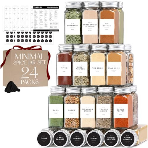 Glass Spice Jars with Labels with Metal Lids and Shakers Minimalist 24 Pack Set, 4oz Small Clear Empty Spice Bottles Seasoning Containers with Label Organizer Square Herb Seasoning Jars for Kitchen | Amazon (US)