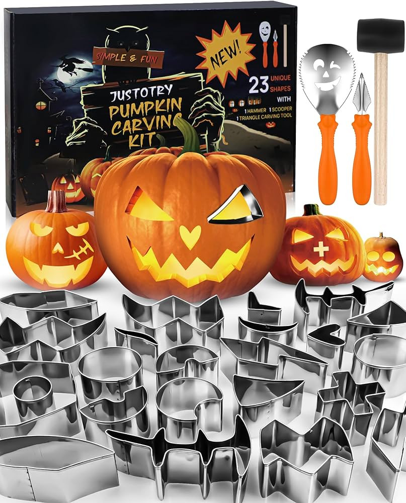 JUSTOTRY Halloween Pumpkin Carving Set 26Pcs Pumpkin Face Shape Cookie Cutters Tool Easy & Safe A... | Amazon (US)