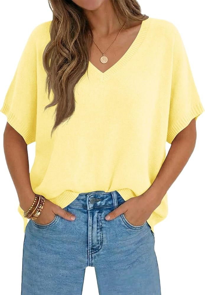 Saodimallsu Womens Oversized Sweaters Batwing Short Sleeve Lightweight V Neck Casual Summer Knit ... | Amazon (US)