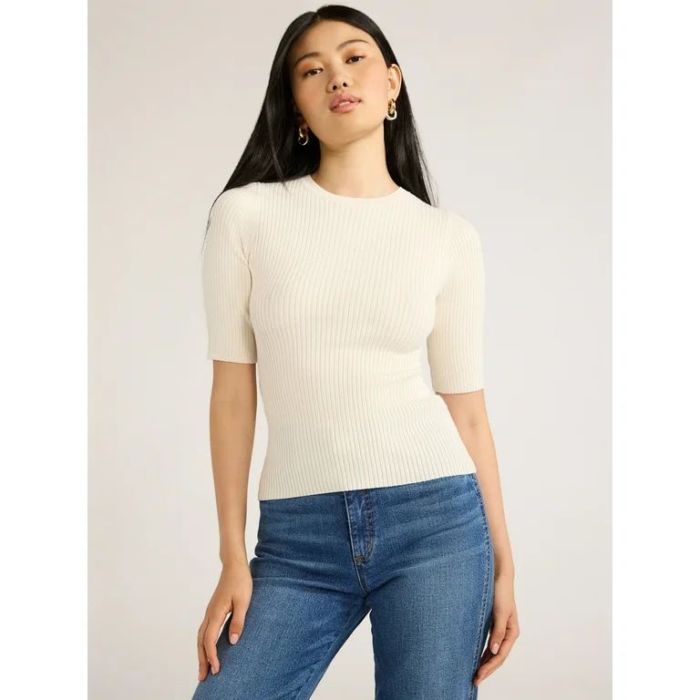 Scoop Women's Rib Knit Sweater with Elbow Length Sleeves, Lightweight, Sizes XS-XXL | Walmart (US)