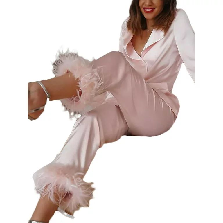 YiLvUst Womens Silk Satin Pajamas Loungewear Two-piece Feather Trim Sleepwear Button-Down Pj Set | Walmart (US)