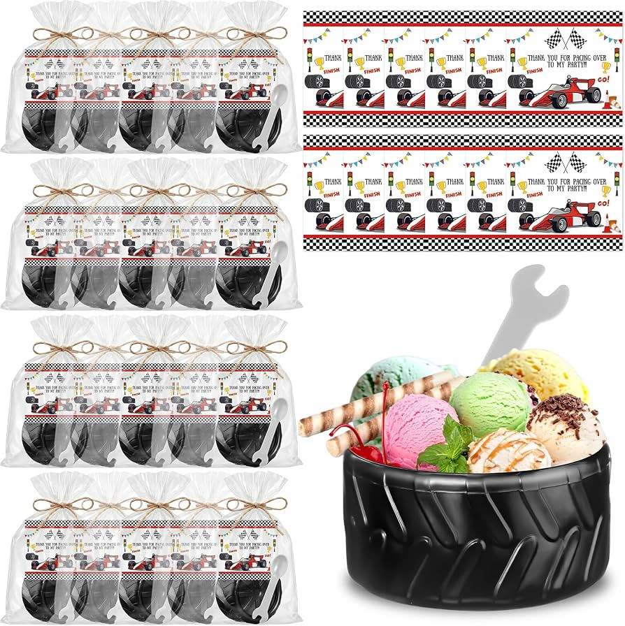 Uiifan 12 Sets Truck Wheel Ice Cream Bowls Spoon Set with Cards, Plastic Race Car Party Frozen Yo... | Amazon (US)