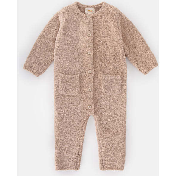 Fuzzy Long Sleeve Buttoned Romper, Pecan | Maisonette