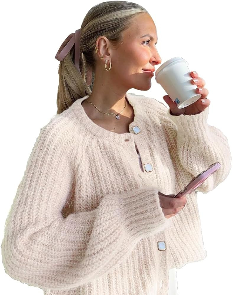 Women’s 2024 Fall Cardigan Sweater Soft Chunky Knit Cardigan Crewneck Button Down Cropped Cardi... | Amazon (US)