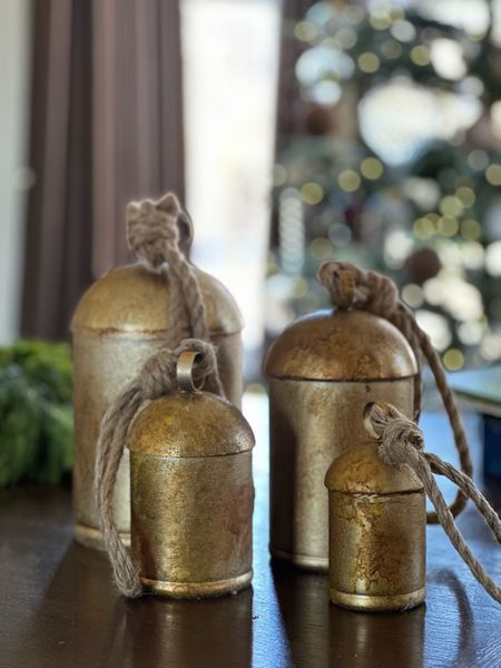 My set of brass bells comes with four, 10 inch, 8” 6 inch and 4 inch, vintage like brass bells perfect for a mantle or a door or just sat on coffee table books

#LTKsalealert #LTKHoliday #LTKhome