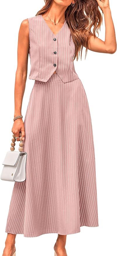MASCOMODA Womens Fashion 2024 Spring Maxi Dress 2 Piece Outfits Blazer Crop Vest and Maxi Skirt S... | Amazon (US)