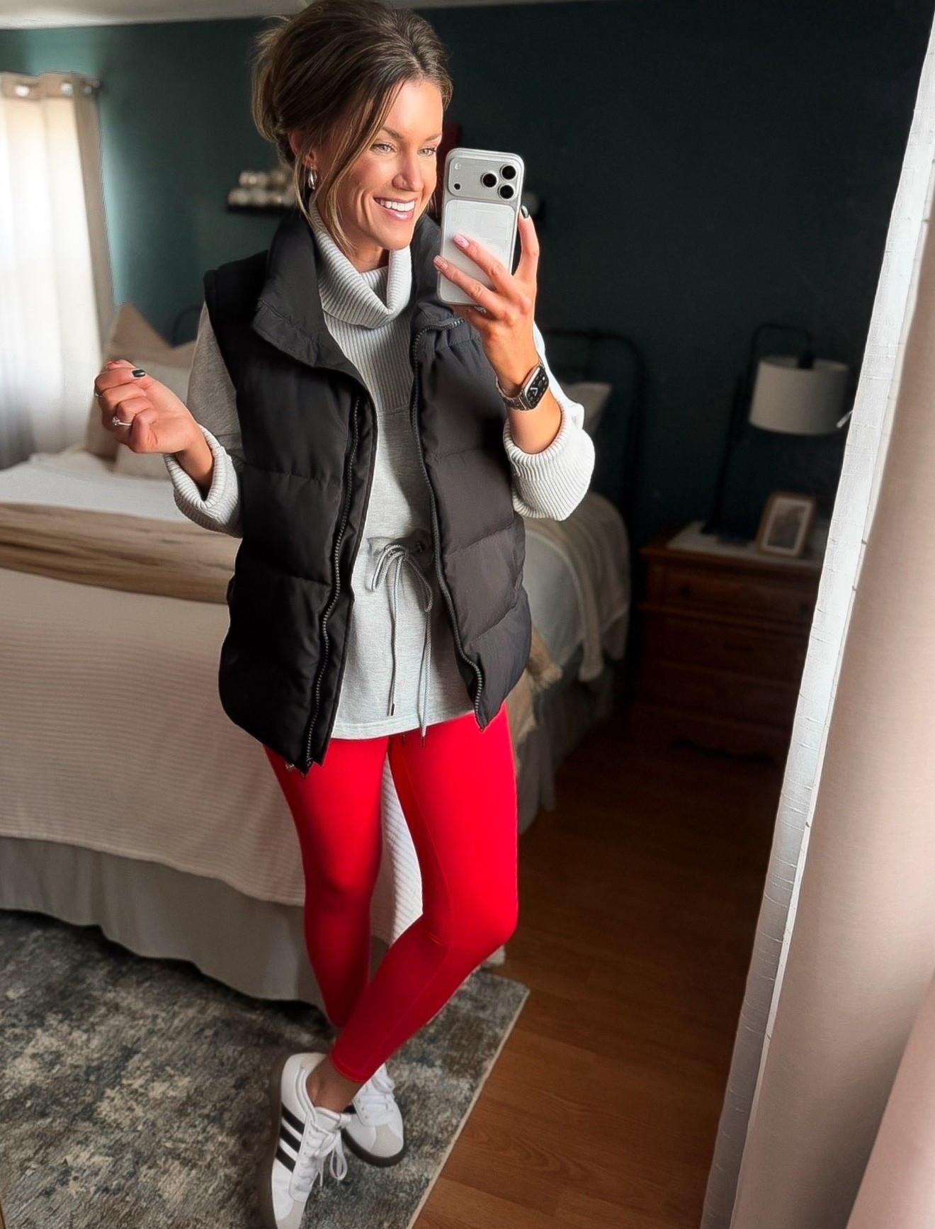 Aren’t these leggings the prettiest shade of red?? 
Wearing medium in all pieces. Shoes I sized down a half size  

#LTKSeasonal #LTKHoliday