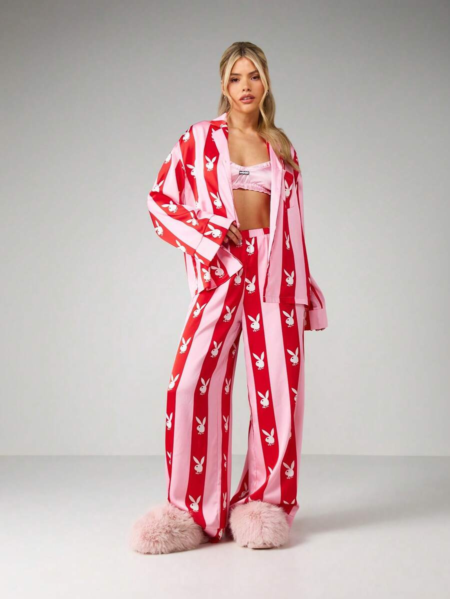 Missguided x Playboy Striped Bunny Logo Print Long Sleeve Shirt And Wide Leg Trouser Pajama Co-Or... | SHEIN