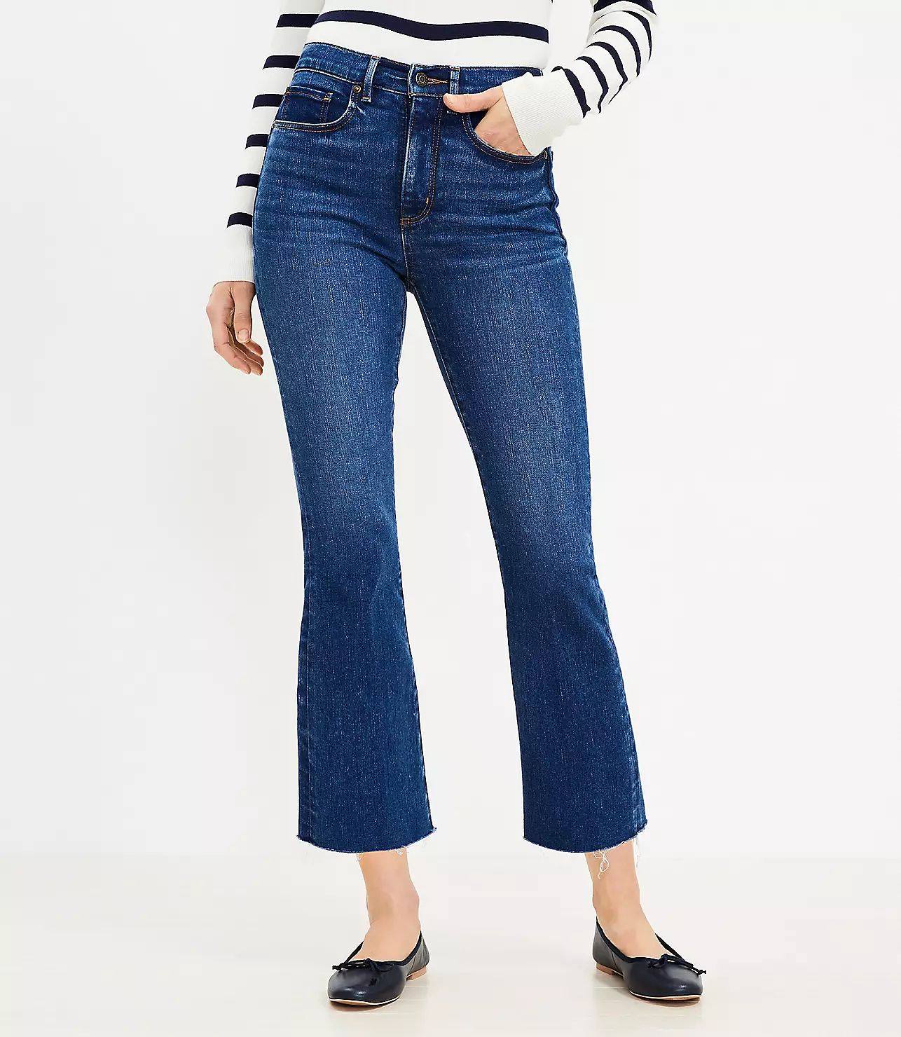 Destructed Hem High Rise Kick Crop Jeans in Clean Dark Wash | LOFT