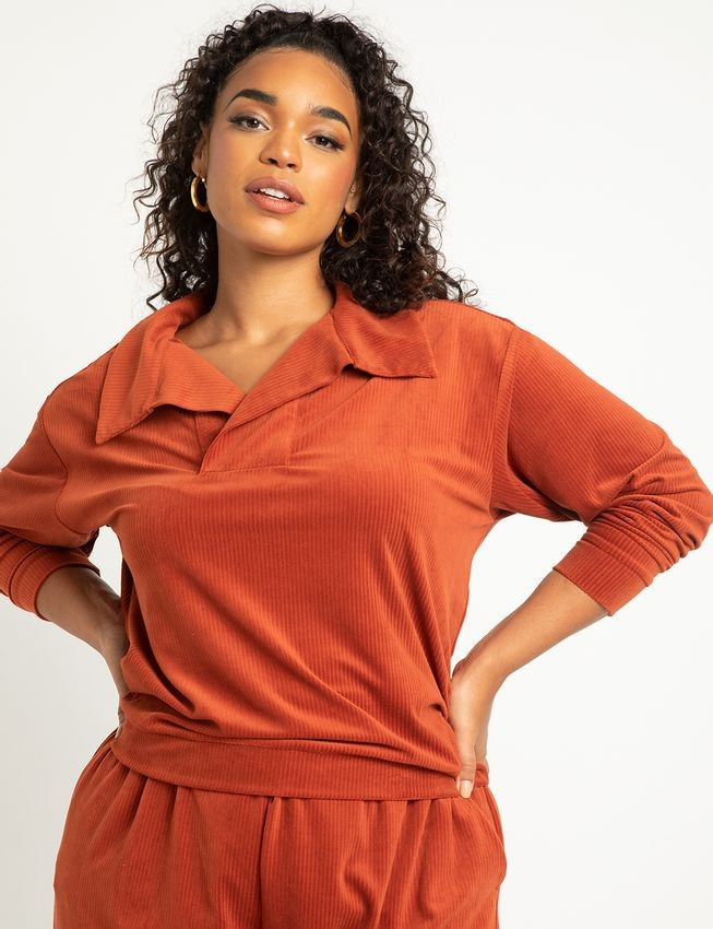 Stretch Corduroy Collared Pullover | Eloquii