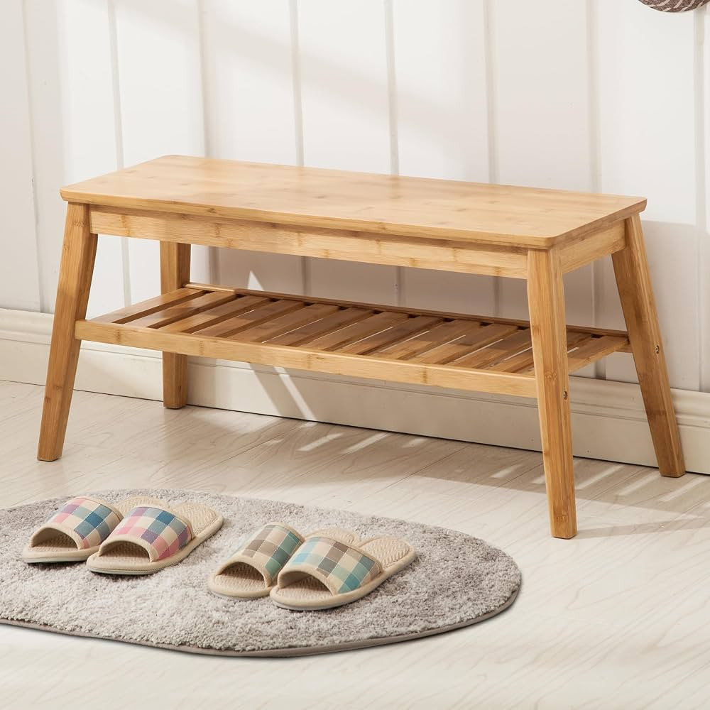 Nnewvante Bamboo Entryway Bench, 2 Tier Indoor Storage Bench, Dining Bench for Hallway, Living Ro... | Amazon (US)