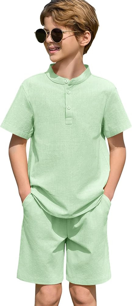 Haloumoning Boys 2 Piece Cotton Set Kids Casual Henley Shirts Short Sleeve Beach Shorts Summer Ou... | Amazon (US)
