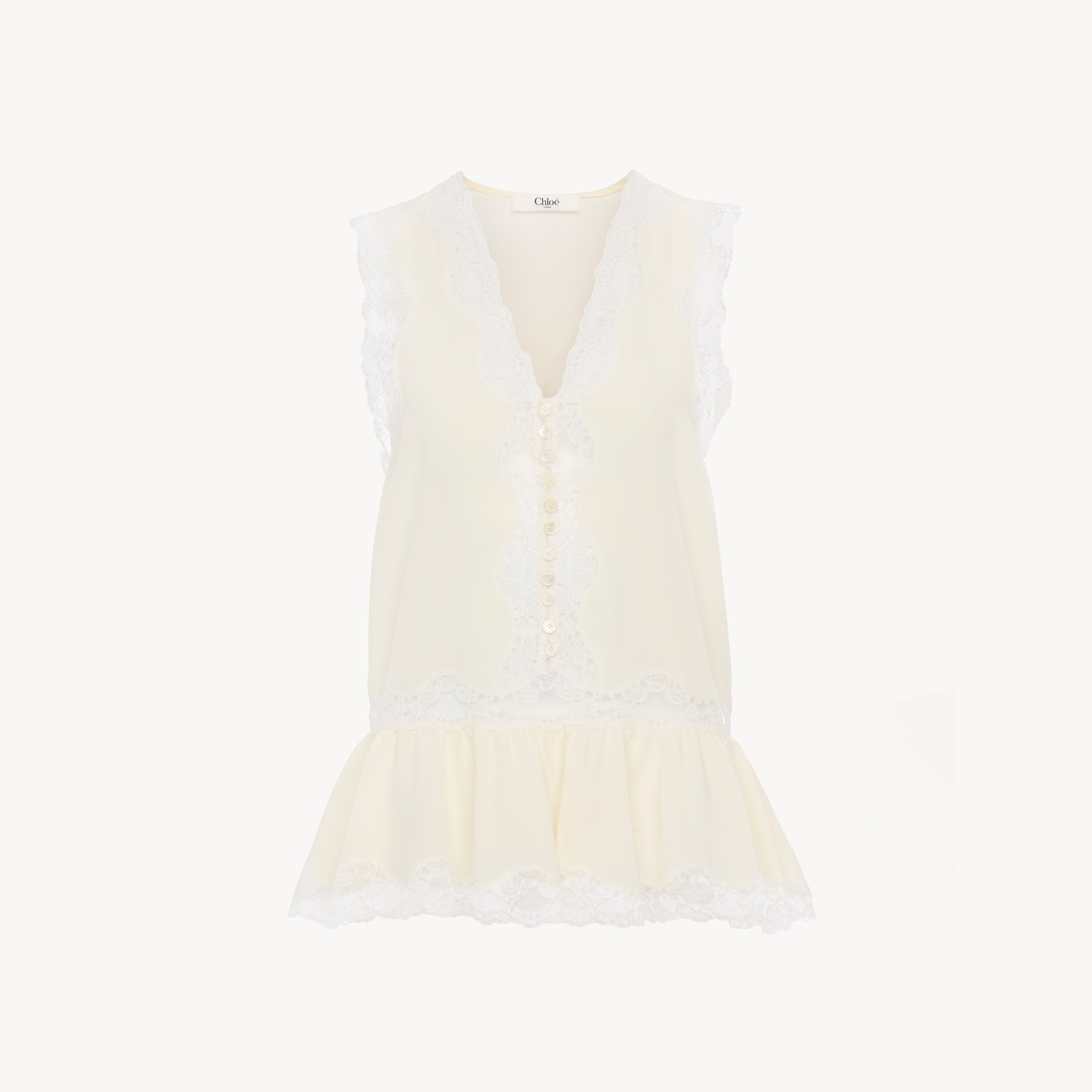 Chloé - Sleeveless peplum top in crêpe de chine & lace - Coconut Milk - 40 - Silk | Chloe US