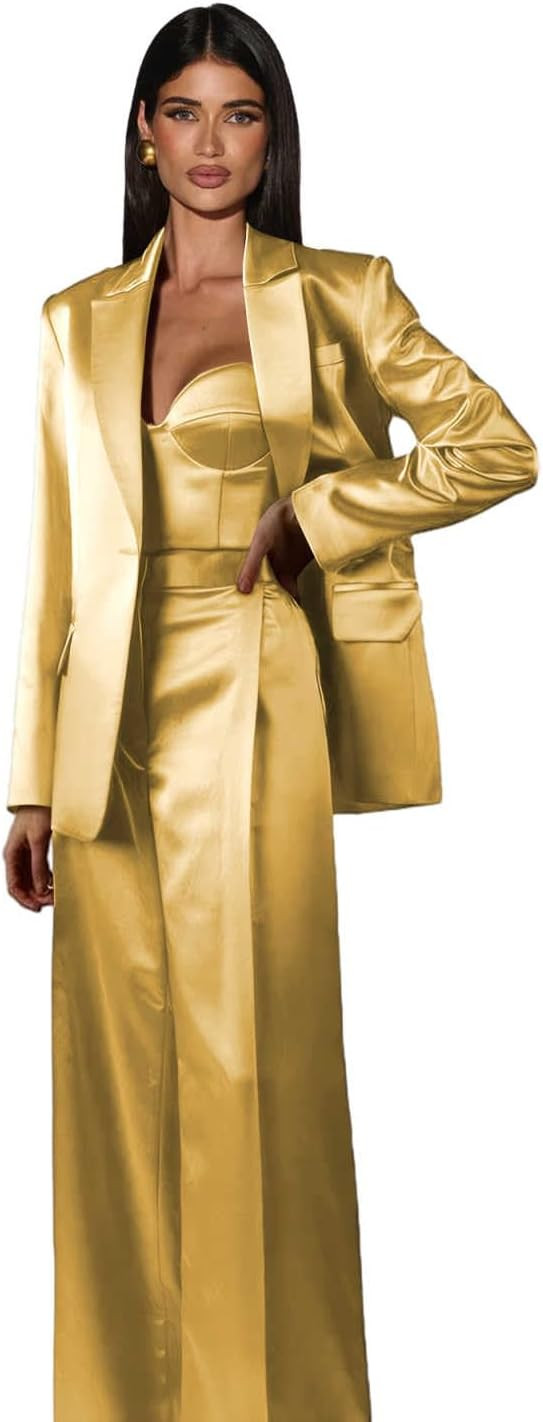 Satin Pant Suits for Women Work Notch Lapel One Button 3 Piece Womens Suit | Amazon (US)