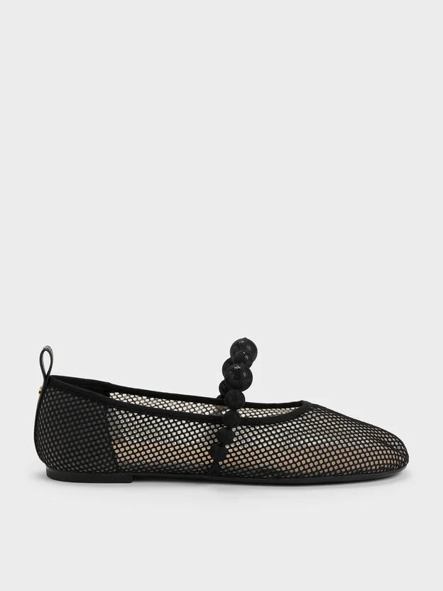 Black Textured Leather Mesh Beaded Mary Jane Flats | CHARLES & KEITH | Charles & Keith US