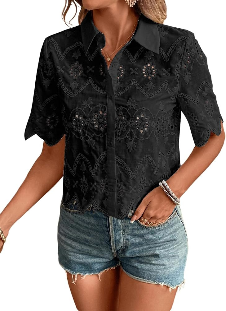SweatyRocks Women's Short Sleeve Button Down Collared Blouses Embroidery Eyelet Top | Amazon (US)